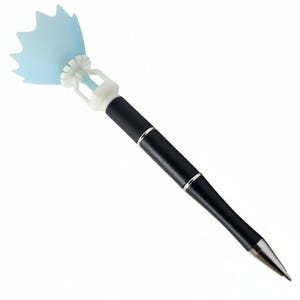 May include: A novelty pen with a black barrel and silver accents. The pen features a white and light blue decorative top, resembling a sprinkler. The pen's tip is silver, and the design is unique and eye-catching.