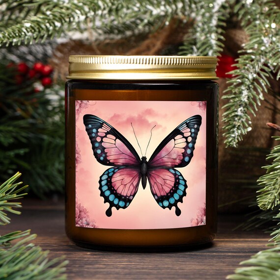 Pink Butterfly Candle Amber Jar 9oz -01