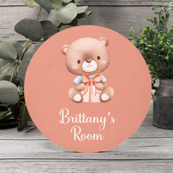 Custom Name Wood Sign 8" (Round) - Pink Bear