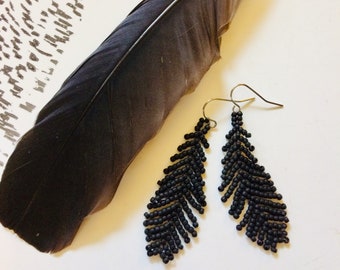 Black Crow Feather Beaded Earrings