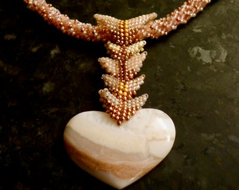 Cupid's Arrows Pink Moraccan Agate Heart Necklace