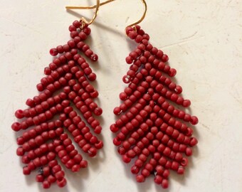 Red Cardinal Beaded Feather Earrings