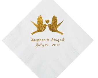 Pack of 50 Personalized Love Birds Wedding Napkins - Beverage Size