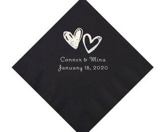 Pack of 50 Personalized Hearts Wedding Napkins - Beverage Size