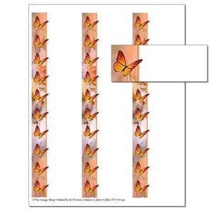 May include: Three vertical rows of address labels featuring a butterfly and floral design. Each label has a white background with a vertical stripe of orange butterflies and flowers. The text "The Image Shop - Butterfly & Flowers Address Labels - OSL157 - 30-up" is at the bottom of the image.