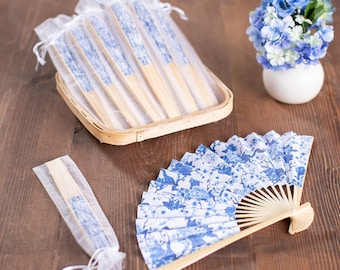 Set of 24 Chinoiserie Printed Folding Paper Fans With Organza Bags Bridal Shower Outdoor Wedding Favors