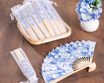 Set of 48 Chinoiserie Printed Folding Paper Fans With Organza Bags Bridal Shower Outdoor Wedding Favors