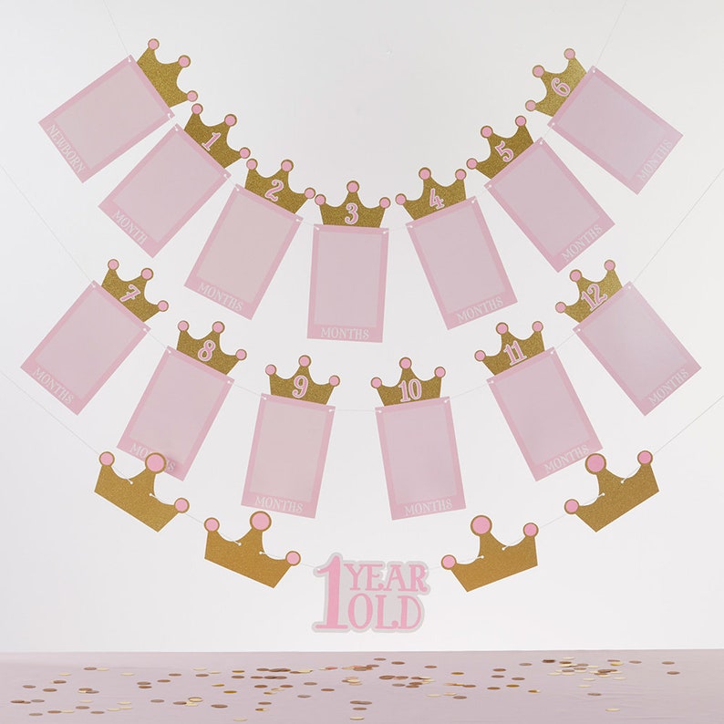 Princess Themed 1st Birthday Milestone Photo Banner and Cake Topper Birthday Party Decorations