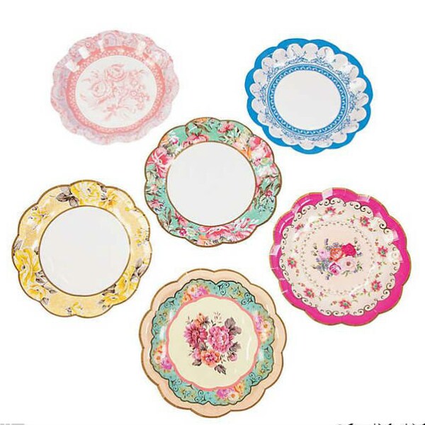 Set of 12 Truly Scrumptious Scalloped Floral Paper Dessert Plates Bridal Shower Decorations