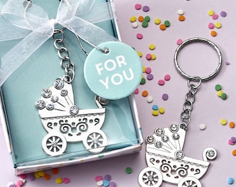 24 Silver Baby Carriage Design Keychains with Rhinestone Accents Bridal Shower Wedding Favors