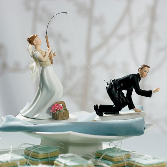 Catch Of The Day Fishing Couple Wedding Cake Topper with Custom Hair Colors