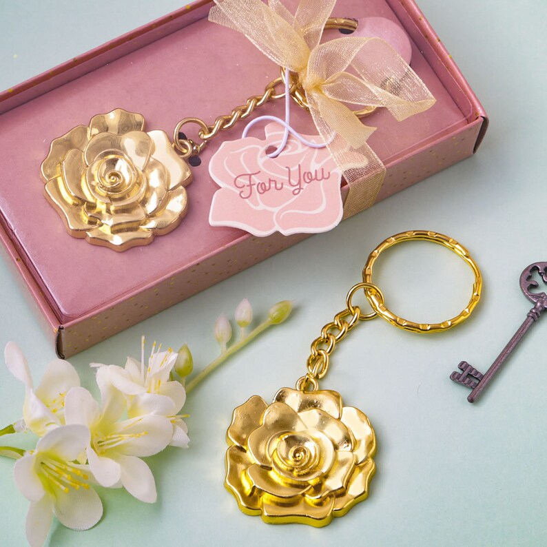 Gold Rose Keychain Bridal Shower Wedding Favors Etsy