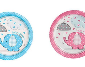 Set of 24 Pink Or Blue Umbrella Elephant Paper Dessert Plates  Baby Shower Decorations