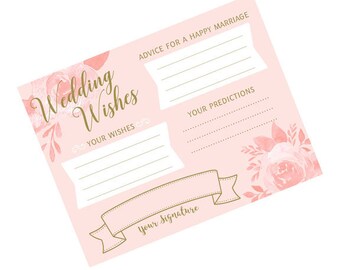 May include: Pink wedding wishes card with gold lettering. The card has sections for advice for a happy marriage, your wishes, your predictions, and your signature.