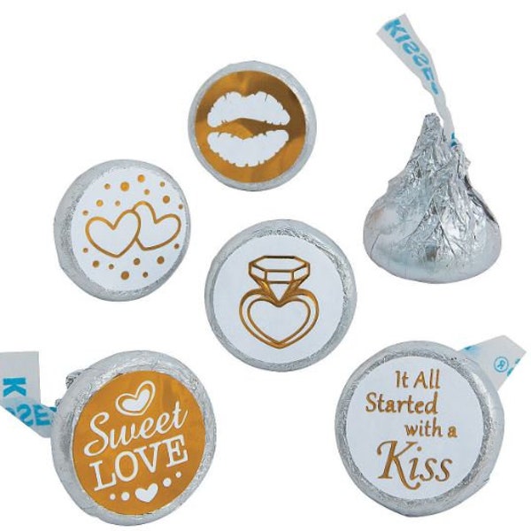 Pack of 60 Assorted Gold and White Hershey's Kisses Stickers Bridal Shower Wedding Favors