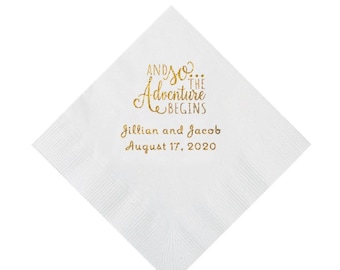 Pack of 50 Personalized And So The Adventure Begins Wedding Napkins - Beverage Size