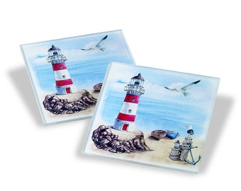 Set of 2 Nautical Design Glass Coasters Bridal Shower Wedding Favors