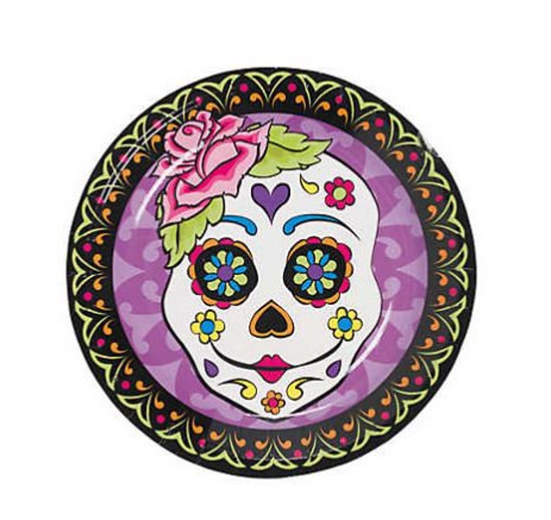 Set of 24 Day Of The Dead Sugar Skull Paper Dessert Plates Halloween Goth Bridal Shower Decorations image 1