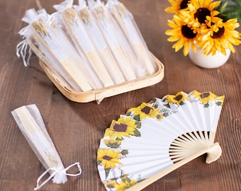 Set of 48 Sunflower Printed Folding Paper Fans With Organza Bags Bridal Shower Outdoor Wedding Favors