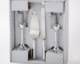 Plain Elegance Silver 4 Piece Flute and Wedding Cake Serving Set (2548)