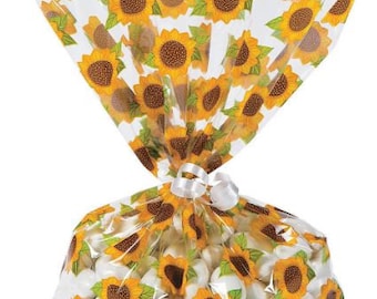 Set of 12 Clear Sunflower Cellophane Bags with Optional Curling Ribbon Bridal Shower Wedding Favors