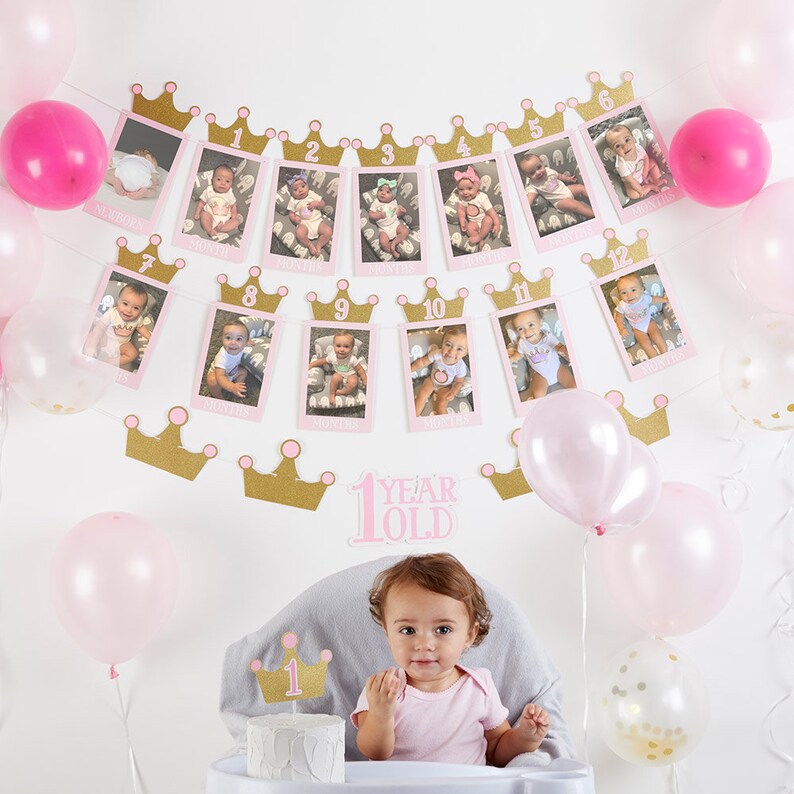 Princess Themed 1st Birthday Milestone Photo Banner and Cake Topper Birthday Party Decorations
