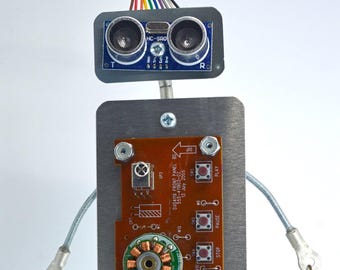 Recycled Robot sculpture figure tall desk shelf home decor computer parts industrial assemblage approx. 9 1/2&quot; tall with hair