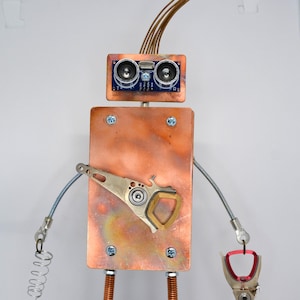 Recycled Robot Sculpture: Copper Computer Part Assemblage Art