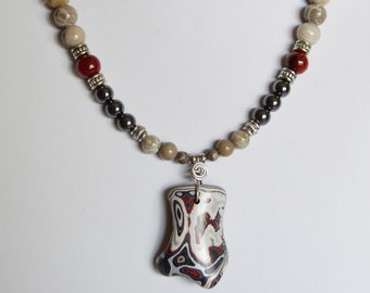 Fordite beaded pendant necklace Michigan Stones fossils favosite petoskey stone artist made one of a kind