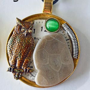 Petoskey Stone Pendant Necklace: Owl, Vintage Watch Parts, Michigan Stone