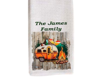 Custom personalized camper camping art photo tea kitchen towel your image microfiber waffle weave 16 x 24 vacation travel