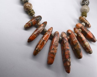 Mixed fossil with Petoskey stone necklace jewelry beaded with orange/red Jasper   18" length