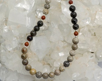 Mixed fossil coral with Petoskey stone necklace jewelry beaded  18" length with silver and red accents