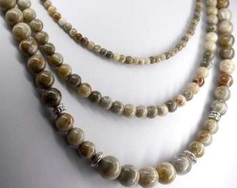 Beaded fossil coral stone necklace jewelry, Petoskey stone, triple strand jewelry handcrafted with moss agate and silver accent beads