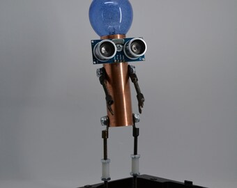 DJ platter spinner Bot robot art figure made from recycled materials industrial techie art steampunk sculpture computer hard drive