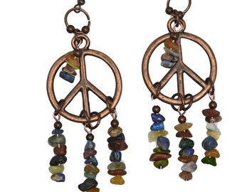 Gemstone peace sign dangle earrings jewelry nickle free copper