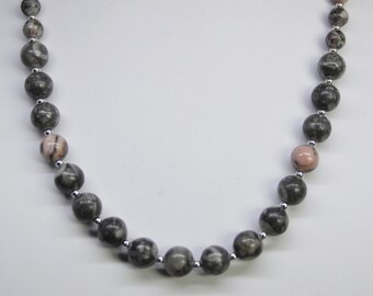 Beaded jewelry handcrafted Michigan Stone Necklace fossils gray tones and Kona Dolomite for the pinks 20" long 8 mm to 6 mm stone beads