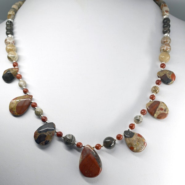 Beaded stone necklace jewelry puddingstone ,fossils and red jasper stones designed and created in Michigan 20"