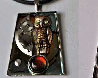 steampunk unique pendant necklace  owl one of a kind art  recycled watch parts, made in Michigan