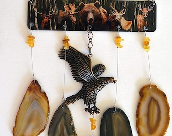 Amber and Grey Agate geode slice slab wind chime windchime with Large copper Eagle sun catcher wind chime mobile wildlife lodge