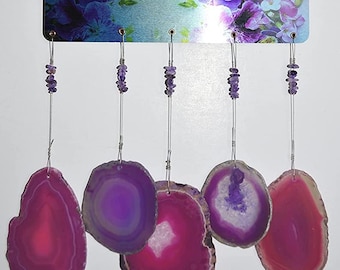 Purple and Pink Agate slice geode wind chime windchime hanging wind chime mobile suncatcher floral