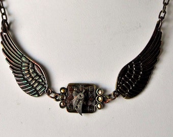 Large wide wings necklace victorian steampunk bronze antique look artist designed and made in Michigan