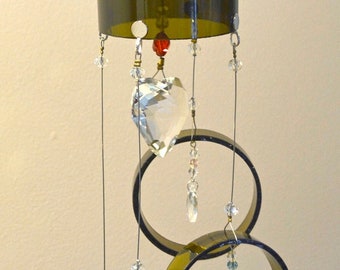 wine bottle suncatcher mobile chime glass crystal heart art recycled retro upcycled