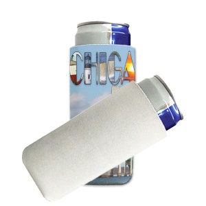 May include: A white neoprene can cooler with a colorful design featuring the word "CHIGA" and images of a lighthouse, a bridge, and a sunset. The cooler is designed to keep drinks cold.