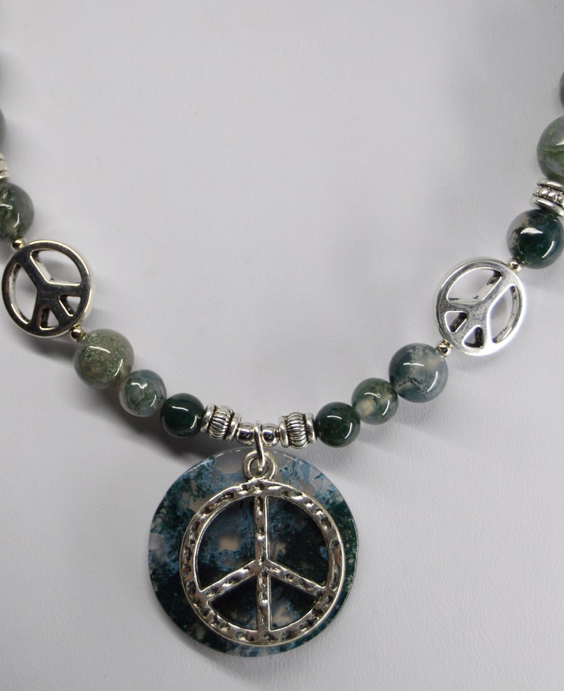 Moss Agate gemstone beaded Necklace and adjustable bracelet jewelry set with silver peace signs handcrafted classic with a twist