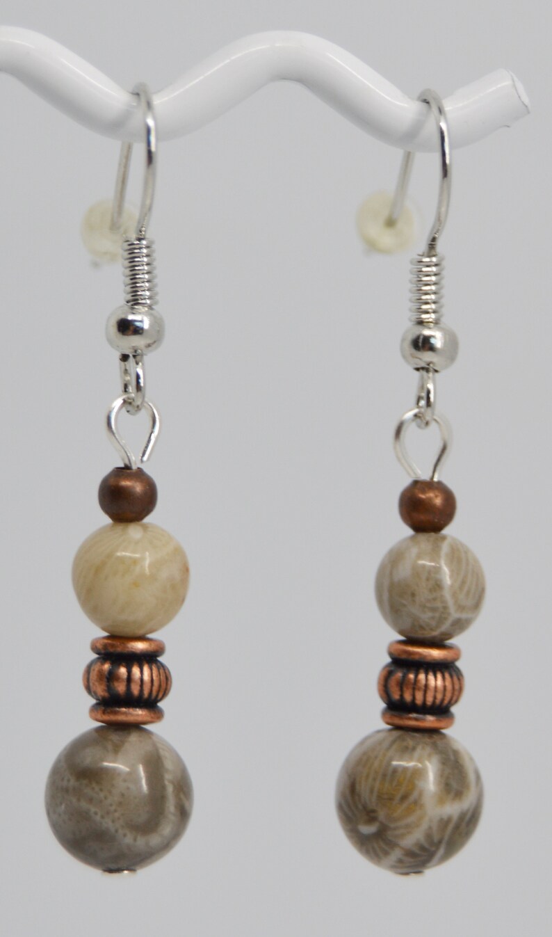 Petoskey and Devonian fossil coral stone beaded earrings on posts or hooks as pictured natural beads your choice copper