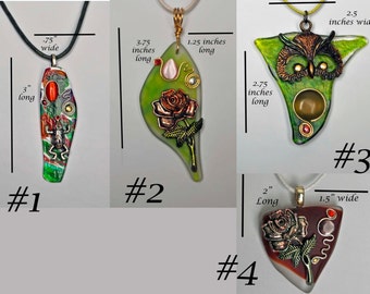 slumped  glass pendant necklace Owl, rose, frog   med. size one of a kind  your choice of style.