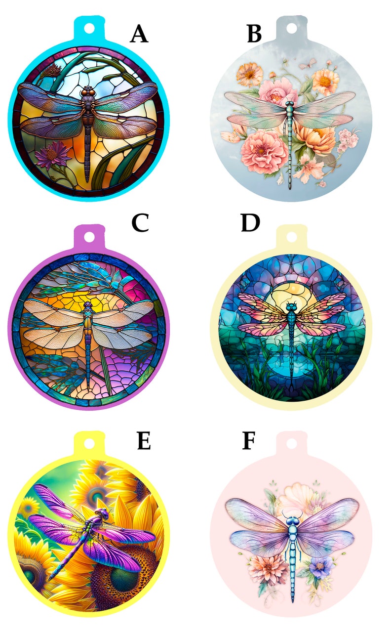 May include: Six round ornaments with a dragonfly design. The ornaments are in different colors and feature different backgrounds, including stained glass, flowers, and sunflowers.