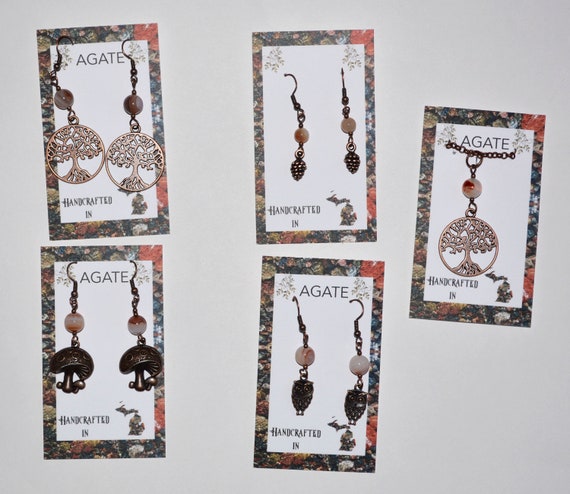 agate stone earrings tree of life mushroom owl pine cone copper jewelry pendant
