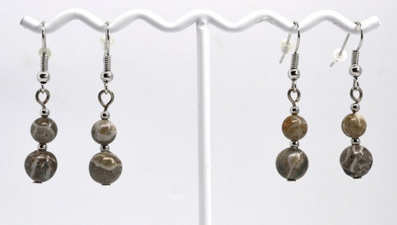 Petoskey Stone Beaded Dangle Earrings: Michigan Fossil Jewelry